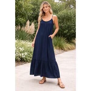 Gold Hawk Navy Blue Silk Tiered Maxi Dress Spaghetti Strap Size L